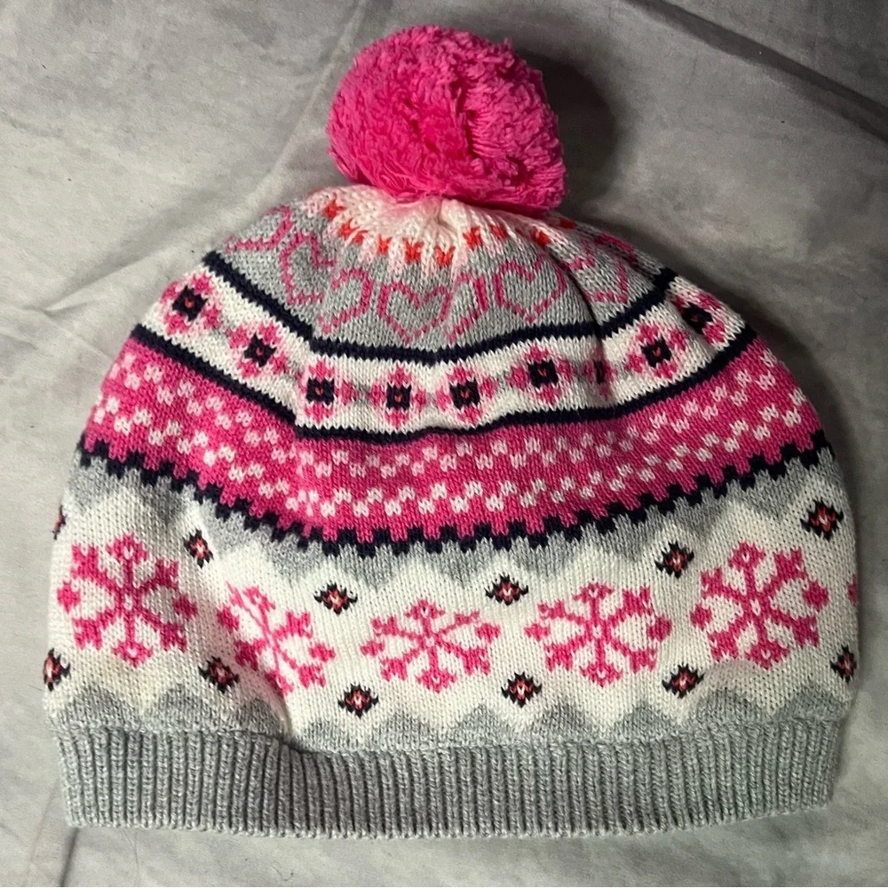 Gymboree Fleece Lined Pink and Gray Snowflake Kids Winter Hat with Pom Pom